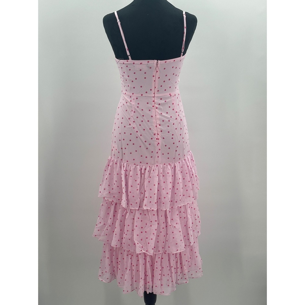 Lulus Nellie Pink Polka Dot Tiered Midi Dress XS Square Neck Ruffle Side Slit - Picture 7 of 11